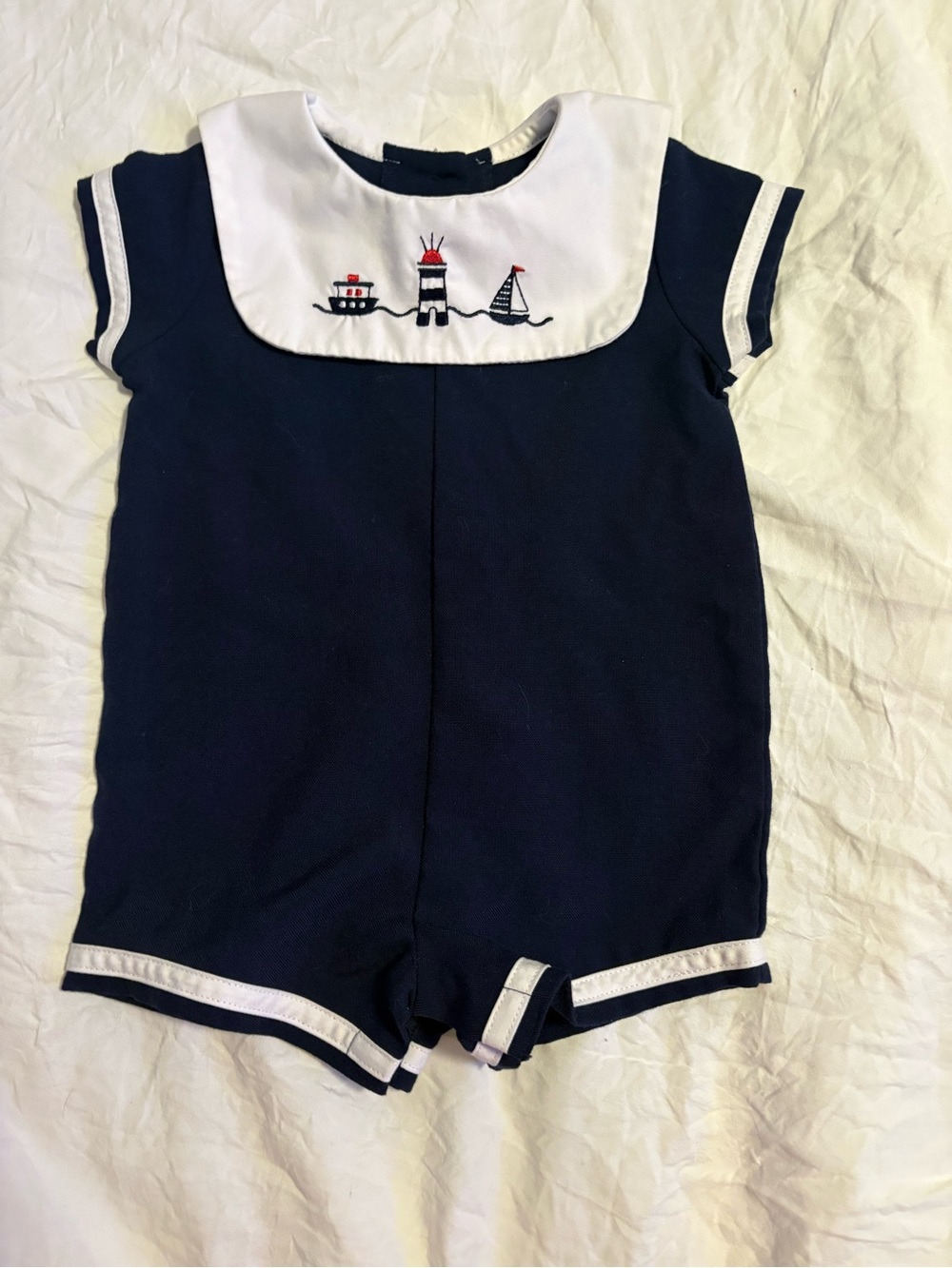 Navy Sailboat Embroidered One-Piece Romper for Kids